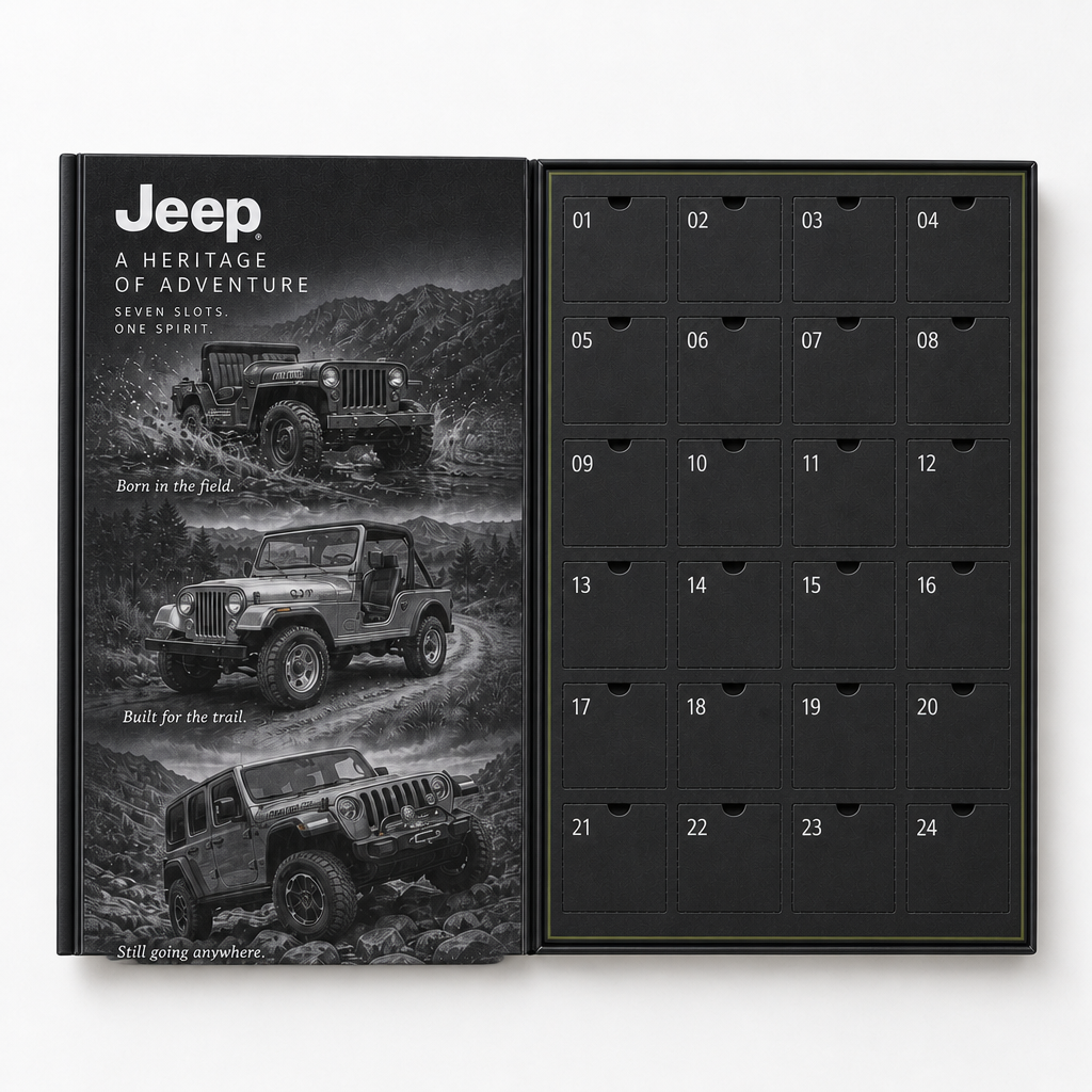 Open Jeep advent calendar with 24 numbered doors and a heritage panel